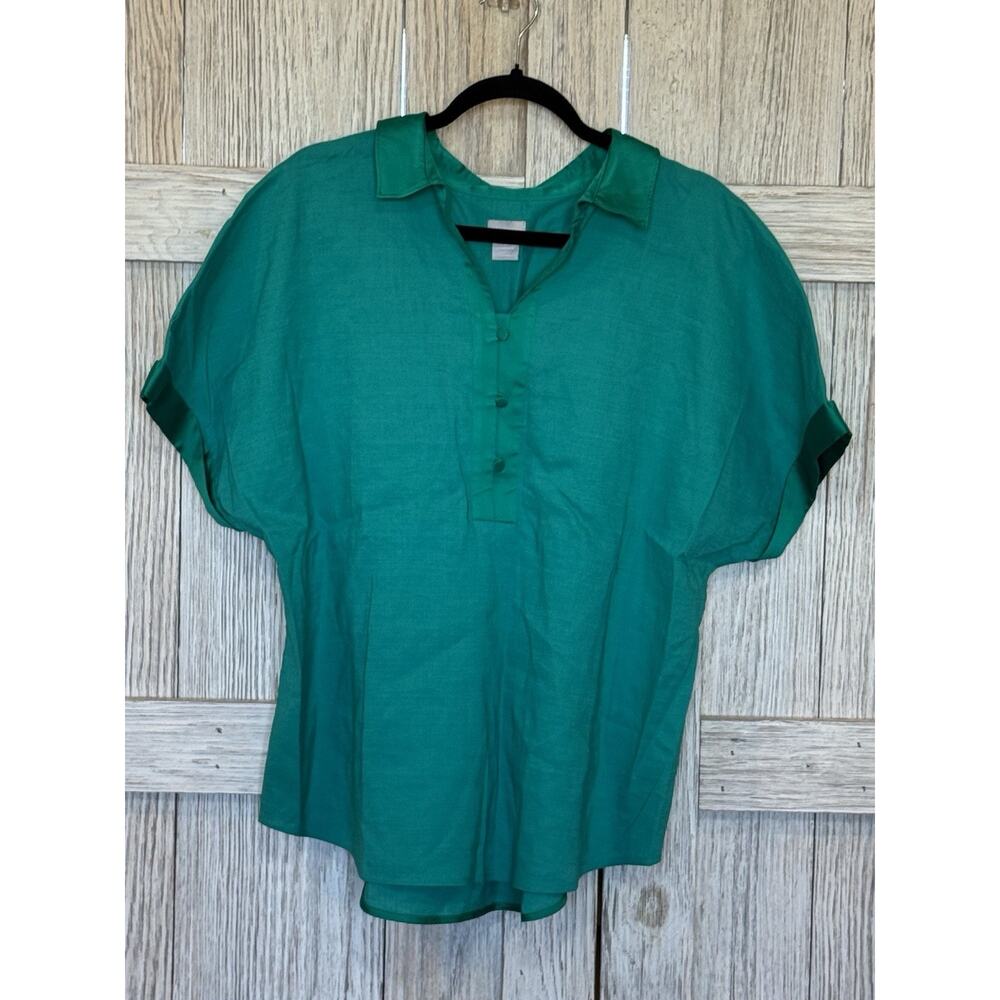 Chicos Top Womens‎ 3 Green Linen Tunic Short Sleeve Boho Button Casual Blouse